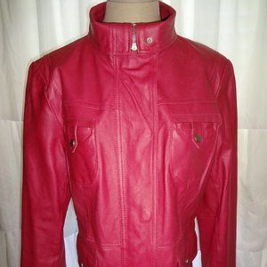 Womens Bradley Bayou Pink Leather Jacket L Lined Zip Front Pockets